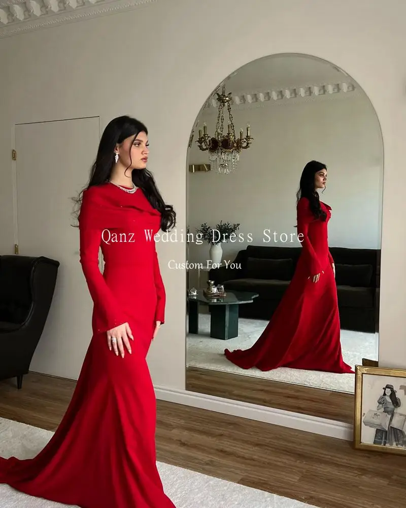 Qanz Saudi Arabia Mermaid Prom Dresses Sexy Slit Sleeves Beaded Sequined Satin Formal Occasion Dresses Evening Gowns Customized