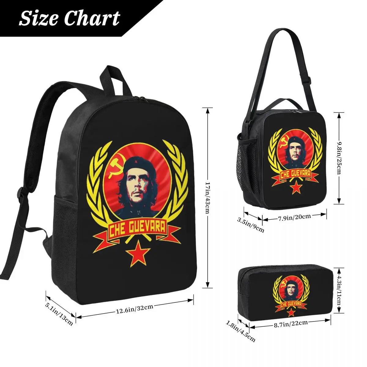 Che Guevara Cuban Revolution Backpack Student BookBag School Bag Computer Shoulder Bags 3ps Insulated Lunch Bag Pencil Case