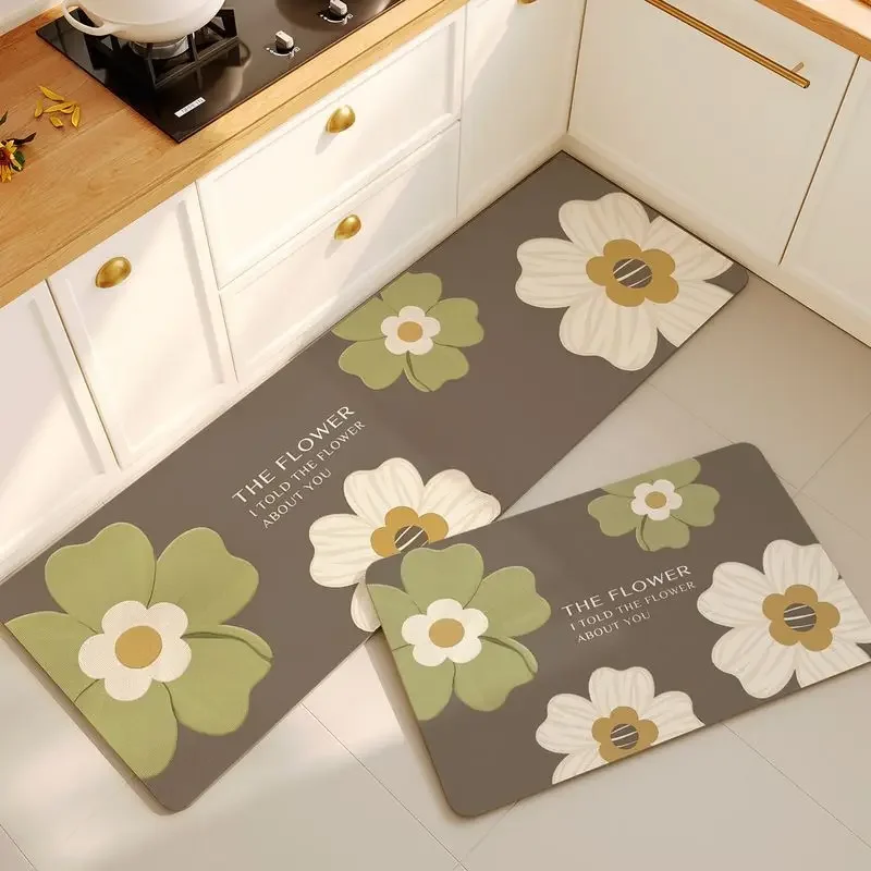 New Floral Kitchen Floor Mat Rug Anti Slip Oil Resistant Erasable Washable Properties Durable Diatomaceous Earth Absorbent Pads