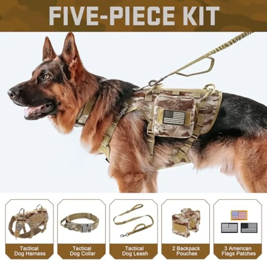 Tactical Dog Harness Tactical Dog Collar with Bungee Leash Set, No Pull Military Dog Harness for Walking Training, Adjustable f view 2