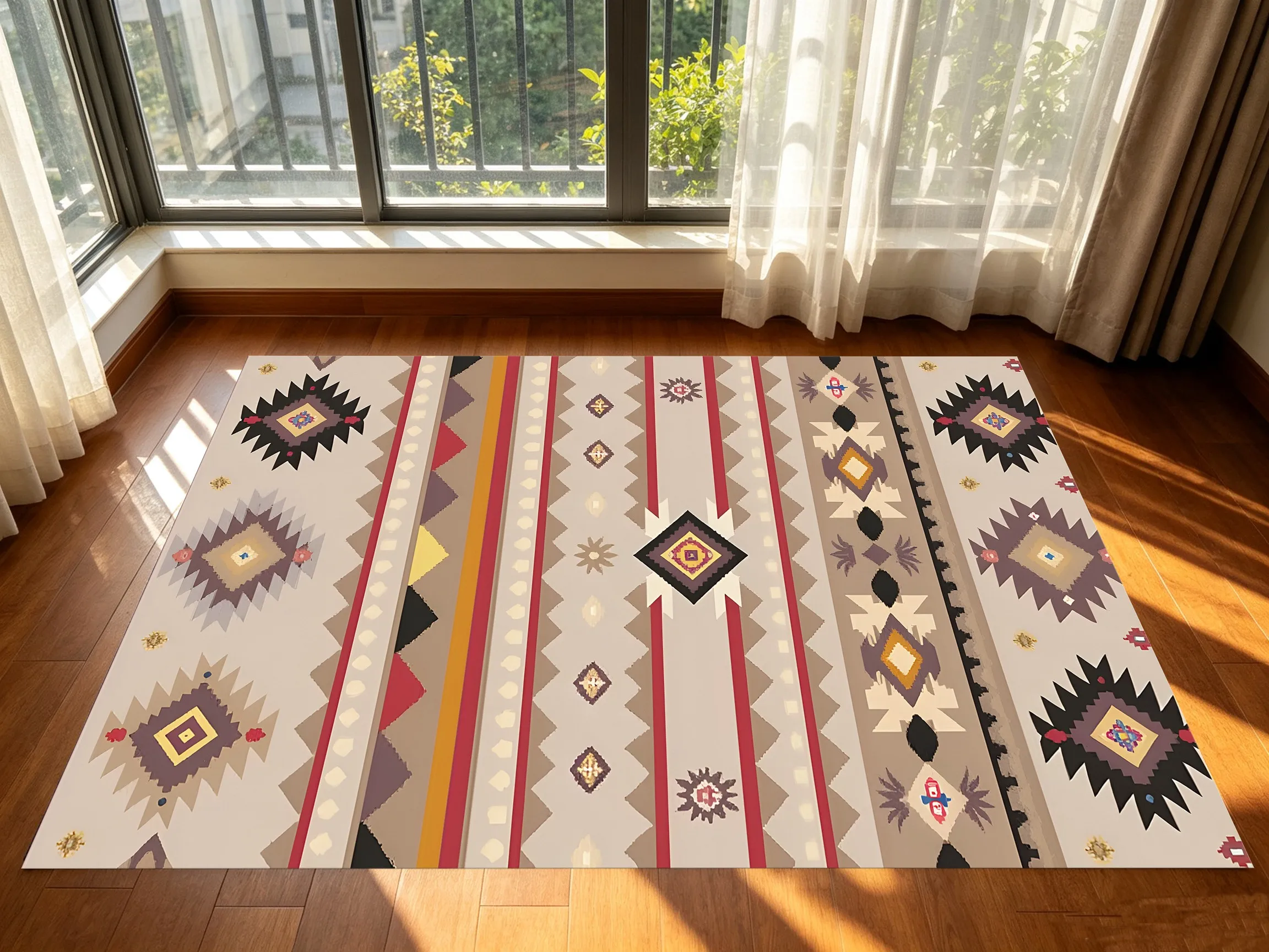 Bohemian Geometric Diamond Stripe Ethnic Velvet Rug for Living Room, Bedroom & Guesthouse, Retro Relaxing Decor