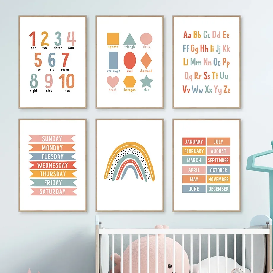 

Shapes Colors Rainbow Number Alphabet Education Wall Art Canvas Painting Nursery Posters & Prints Wall Pictures Kids Room Decor