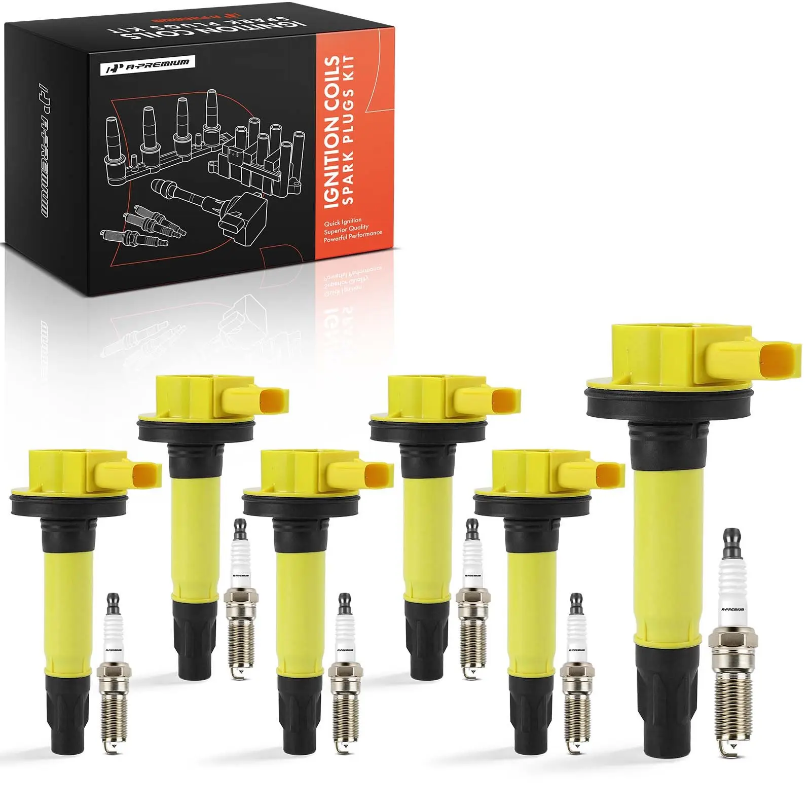 A-Premium 6x Yellow Ignition Coils & 6x Iridium + Platinum Spark Plug for Ford F150 Lincoln