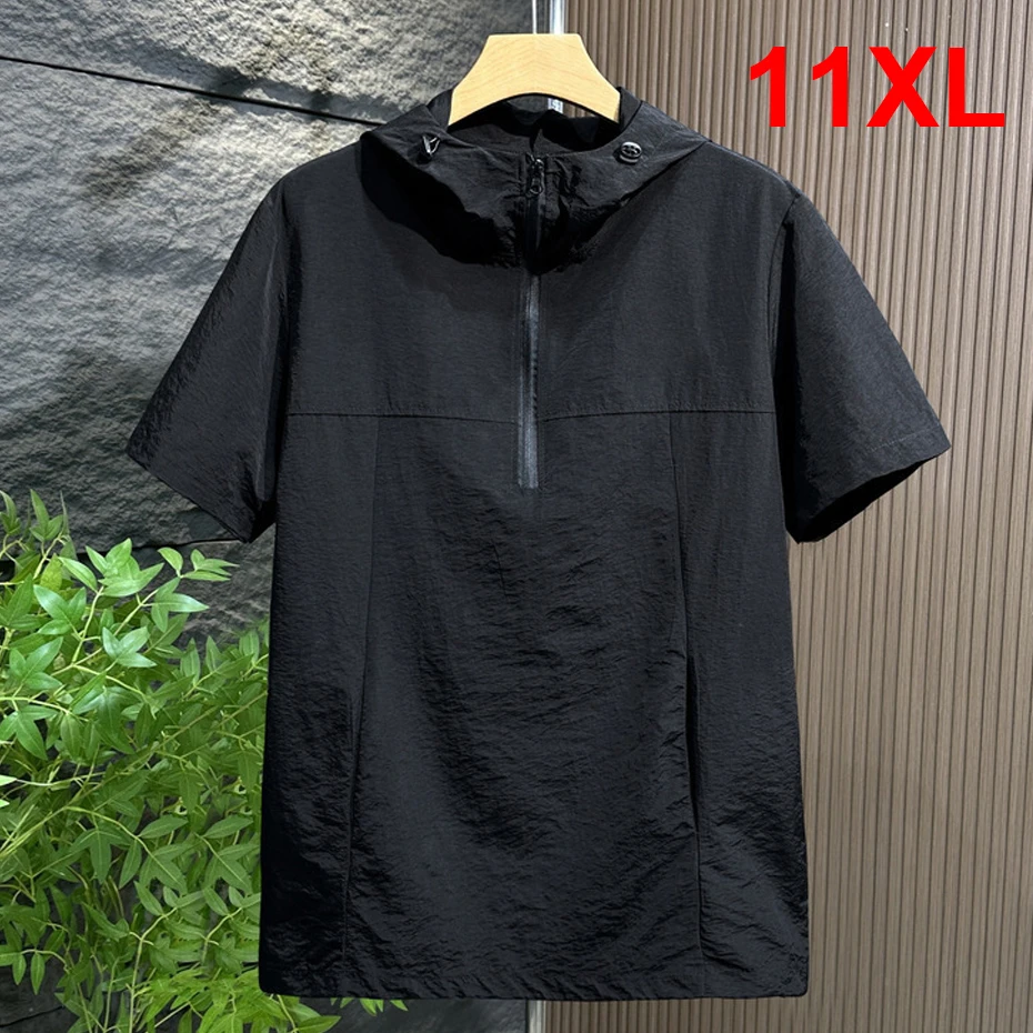 

10XL 11XL Plus Size T-shirt Men Summer Tops Tees Fashion Hooded T Shirt Streetwear Short Sleeve Shirt Male Zipper Tshirt 11XL