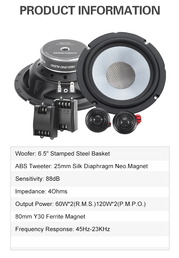 25mm Pure Copper 80mm Y30 Ferrite 2-Way Audio Component Speaker 6.5 Inch 4ohm Speaker Set for Car Audio Sound System 45HZ-23KHZ