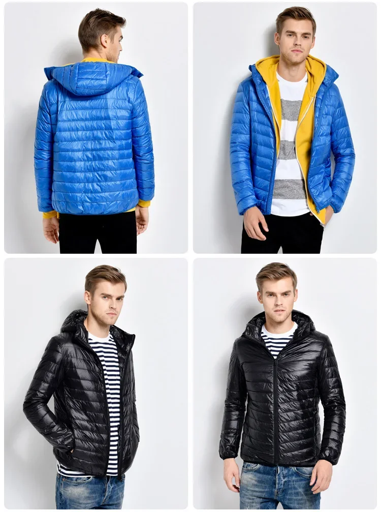 Plus Size Schinteon Men White Duck Down Jacket Ultra Light Thin Casual Coat Outerwear with Hood New Arrival Winter Autumn