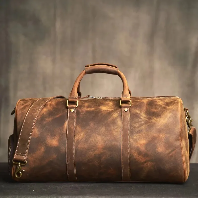 Leather Duffel Bag Weekend Travel Bag with Zipper Closure Adjustable Strap Brown