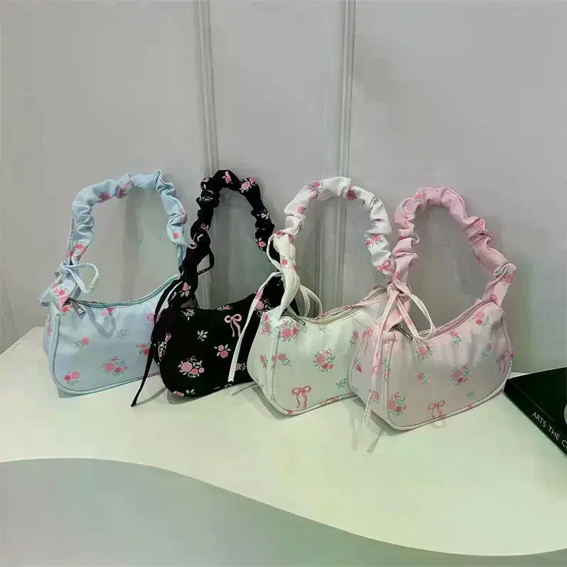 Fashionable Korean Handbags for Girls Featuring Cute Flower Bow Print Canvas Shoulder Bags for Days Out