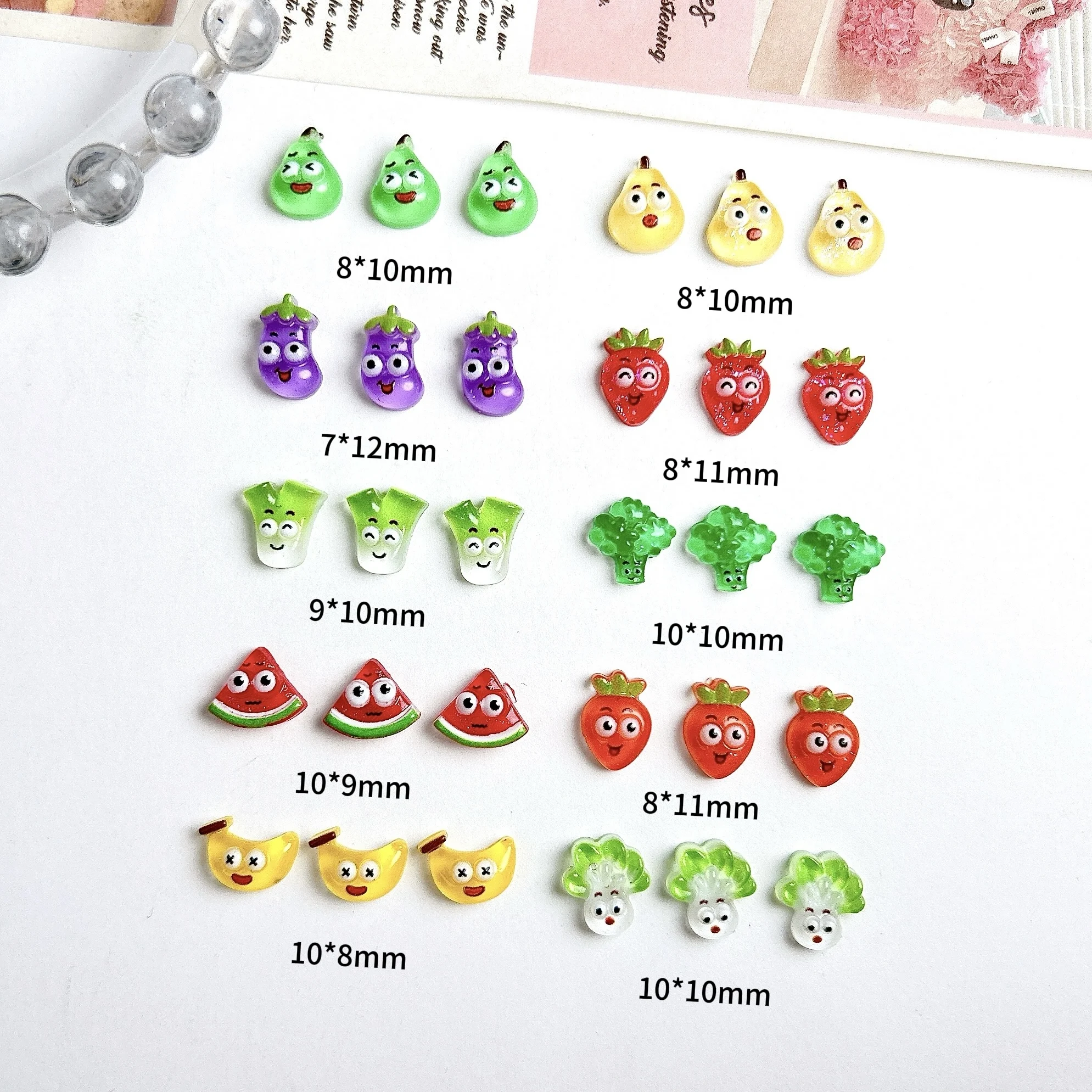 20PCS Novelty Creative Scallion Eggplant Carrots Vegetables Nail Charms Quirky Banana Pear Fruits Resin Nail Art Decorations DIY