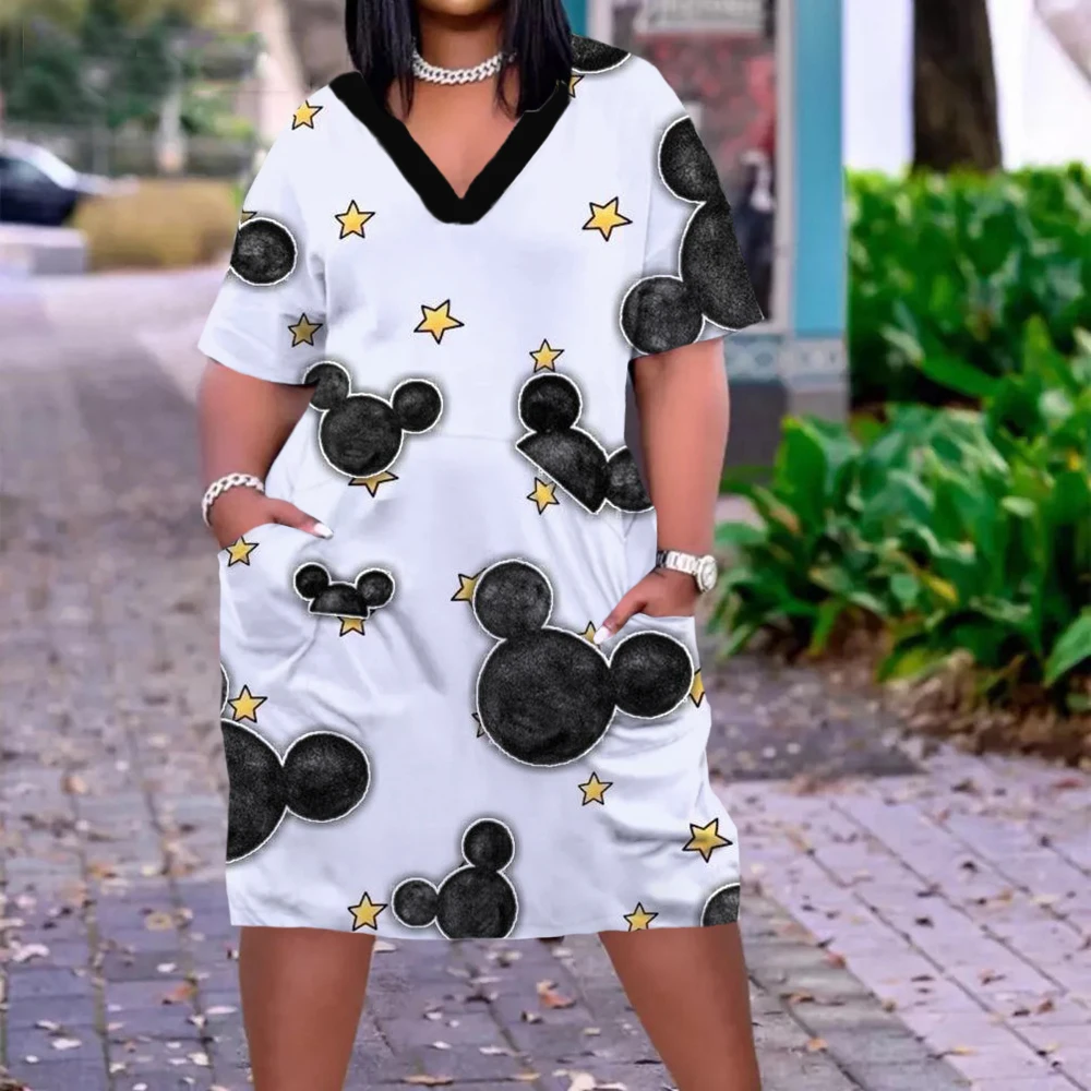 Sexy Meisje Midi Afrikaanse Jurken Bohemian 3D Avondjurk Vrouwelijke Losse Disney Minnie Mickey Party Dress Straat V-hals Knie