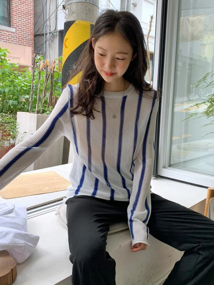 T-shirts Women Daily Striped Summer Knitting Fashion Elegant Simple All-match Ladies New French Style Basic Retro Casual Stylish