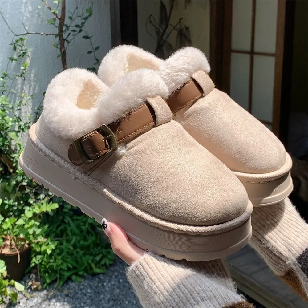 Outer Wear Velvet Warm Winter Anti-slip Thick Bottom Snow Boots Simple Color Blocking Belt Buckle Slippers Women Cute Soft