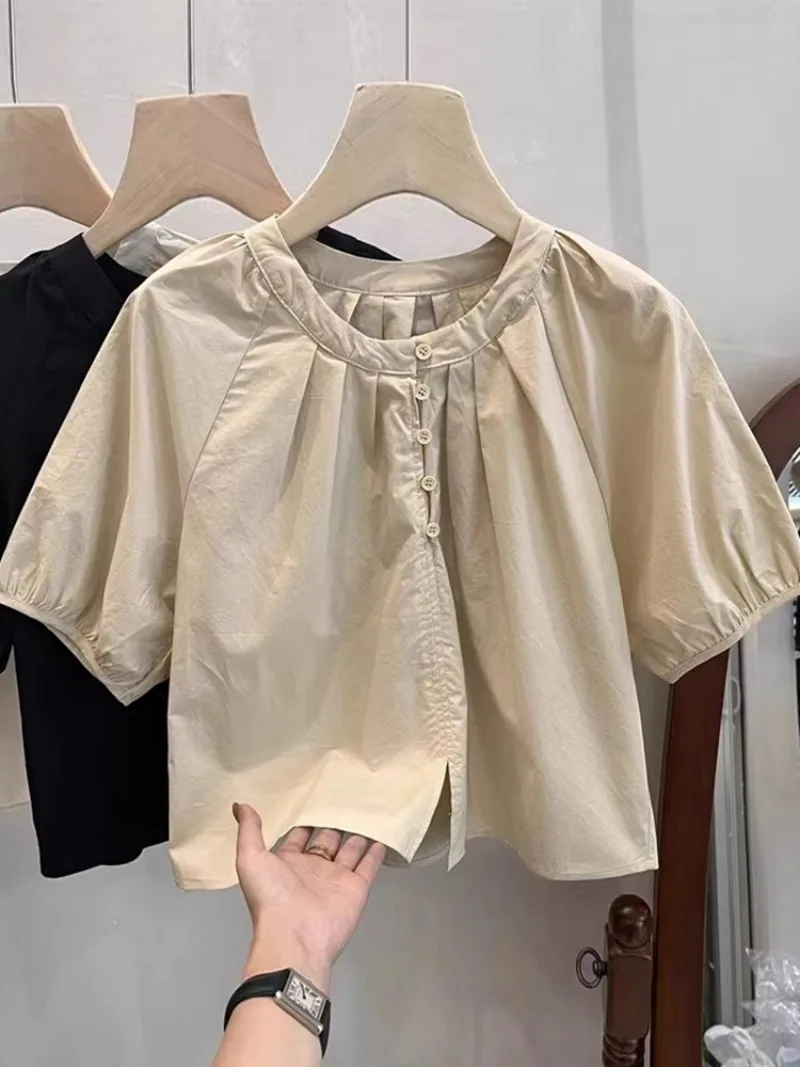 

O Neck Puff Sleeve Pleated Loose Casual Blouses Chic Buttons Women Clothing Summer Shirts Vintage Blusas Mujer De Moda 2024