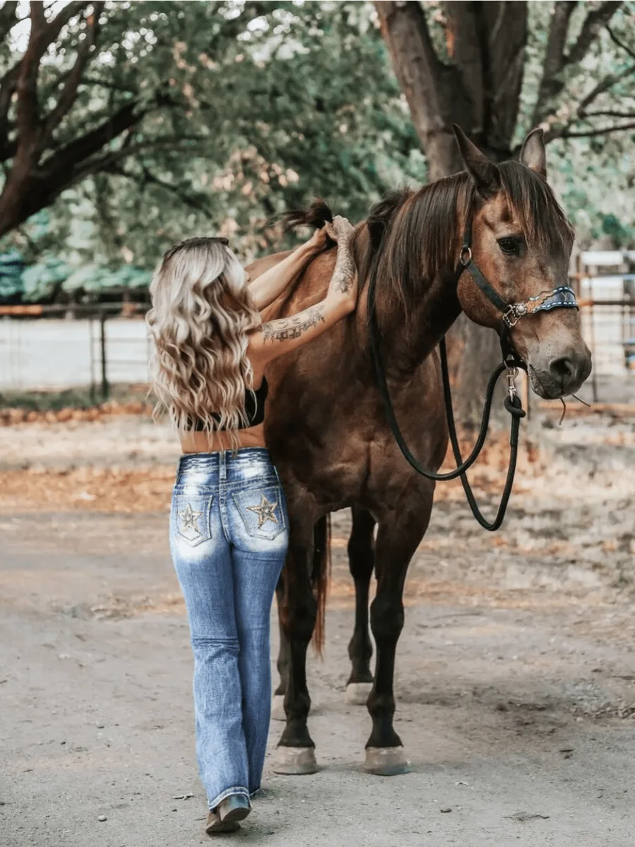 

【HME】Star Embroidered Tummy Control Jeans Butt Lifting High Stretch Cowgirl Pants Mid Rise Slight Flare Leg Double Button