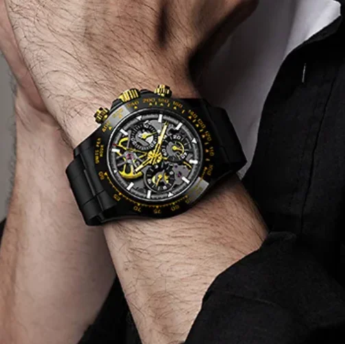 

CRONUSART Men Automatic Watch 40mm Chronograph Mechanical Wristwatch Luminous Skeleton Dial Fluororubber Strap Ceramic Bezel