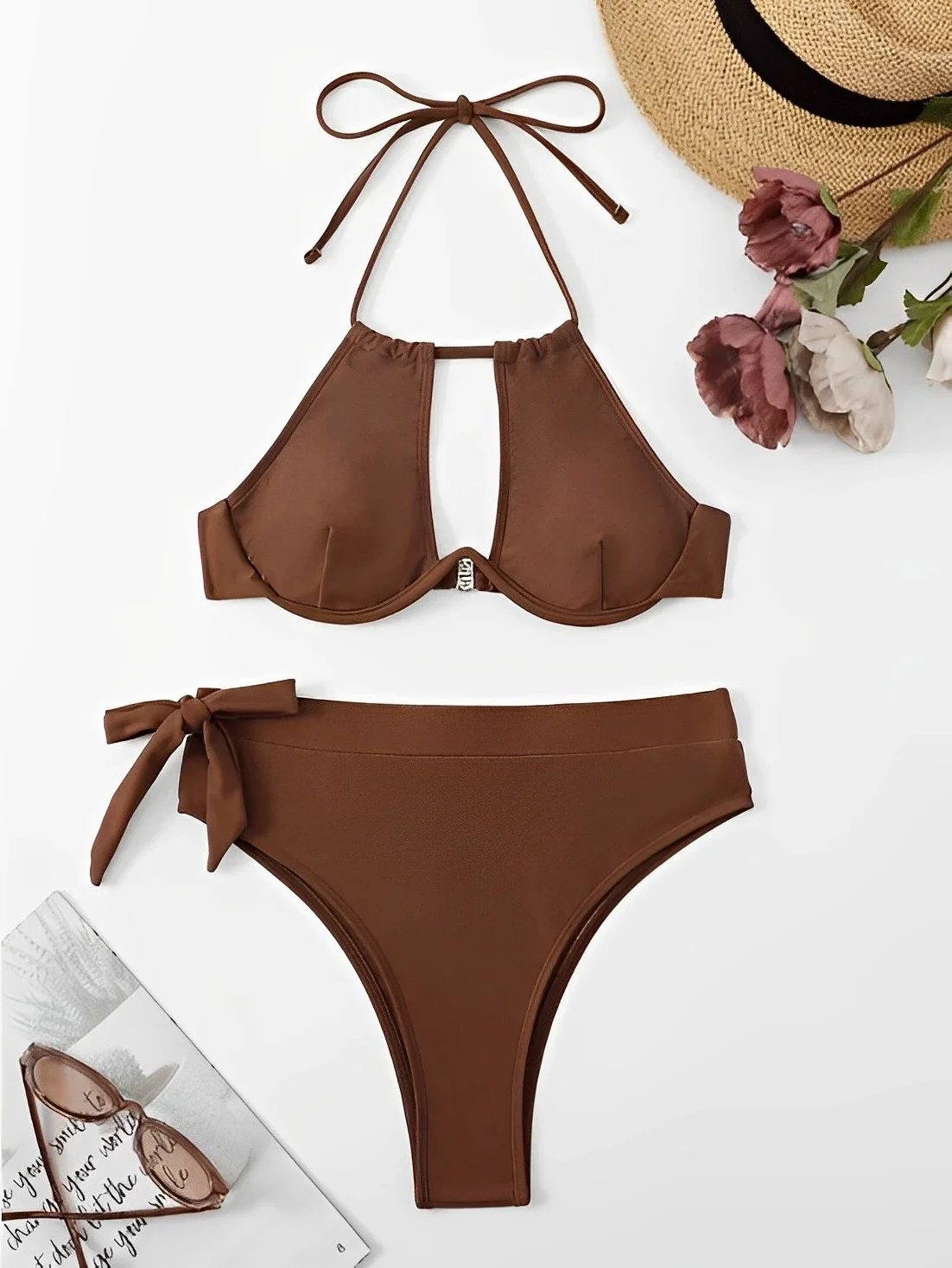 2024 Cut-out Push Up Bikini Brown Halter Swimsuit Women High Waist Swimwear Female Bathers Bathing Swimming Swim Suit Beachwear