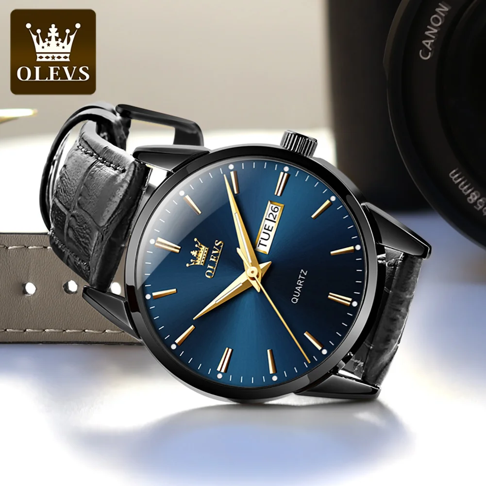 OLEVS New Top Original Brand Men\'s Watch Luxury Men Quartz Watches Breathable Leather Strap Waterproof Business Casual Men Watch