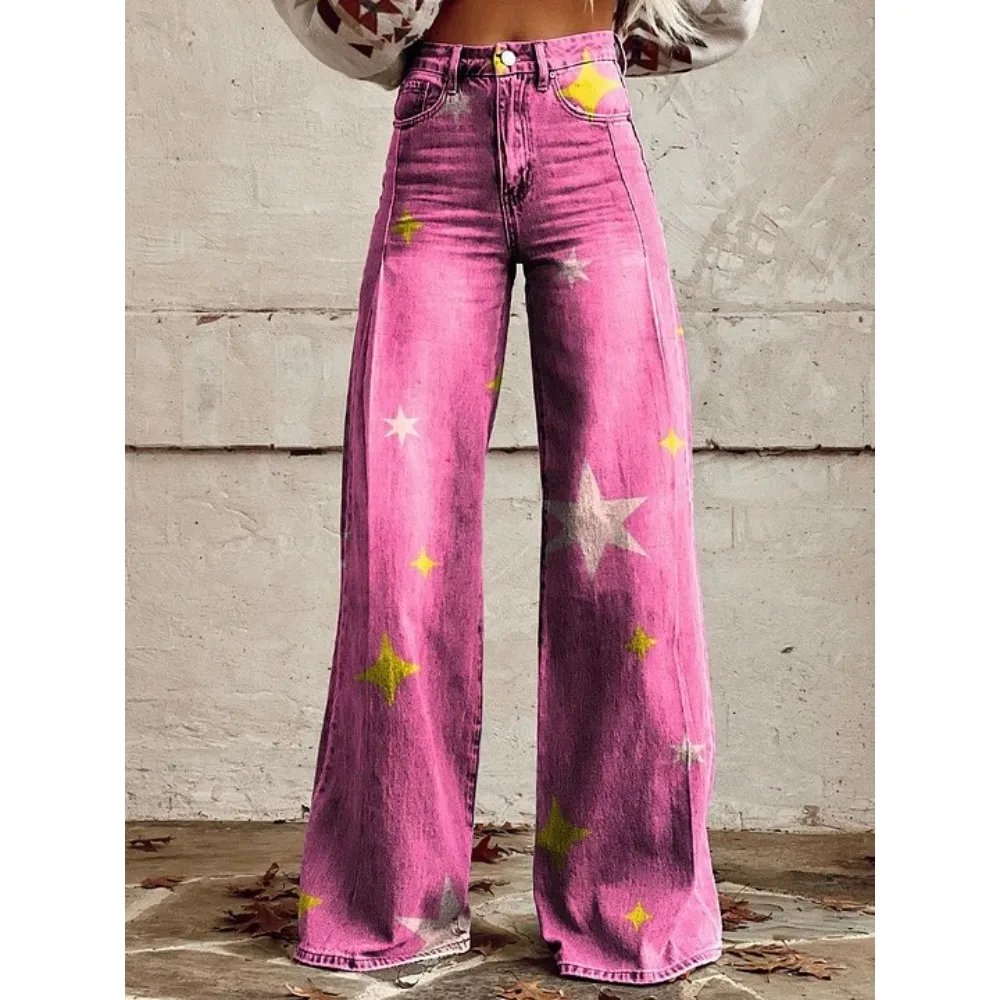 Y2K Ästhetik Himmlischer Sternenprint Hochgeschnittene Weite Hose Harajuku Punk Streetwear Lässige Loose-Fit Hose Cooler Outfit-Stil – Detail 2