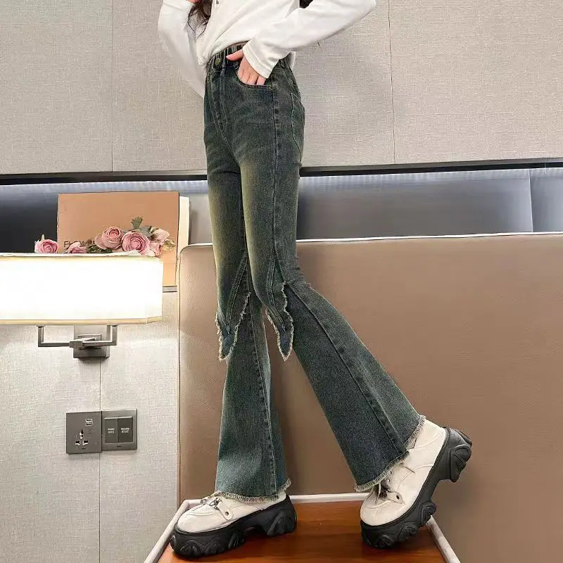 Girls Flare Jeans Winter Fleece Thick Tassel Frayed Hem Pants 2026 Korean Style Kids Denim Trousers