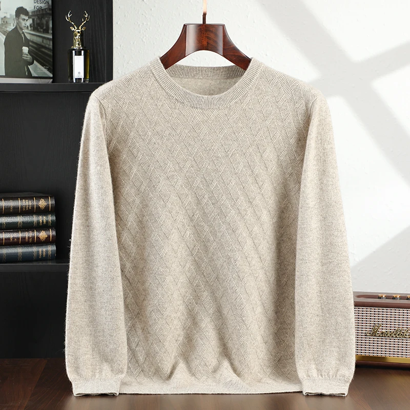 New Men's Autumn Winter 100% Pure Cashmere Knitted round Neck Pullover Sweater Twill Pattern Casual Comfortable Warm Woolen Top