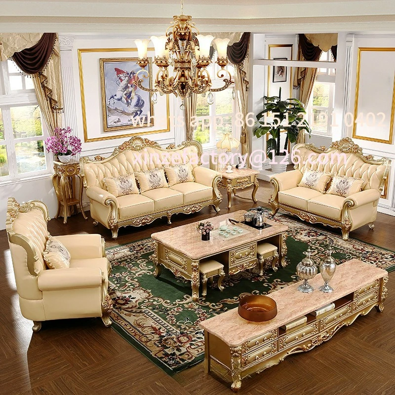 

Customizable leather sLiving room cowhide Solid wood carving flower European first layer cowhide sofa Villa sofa furniture