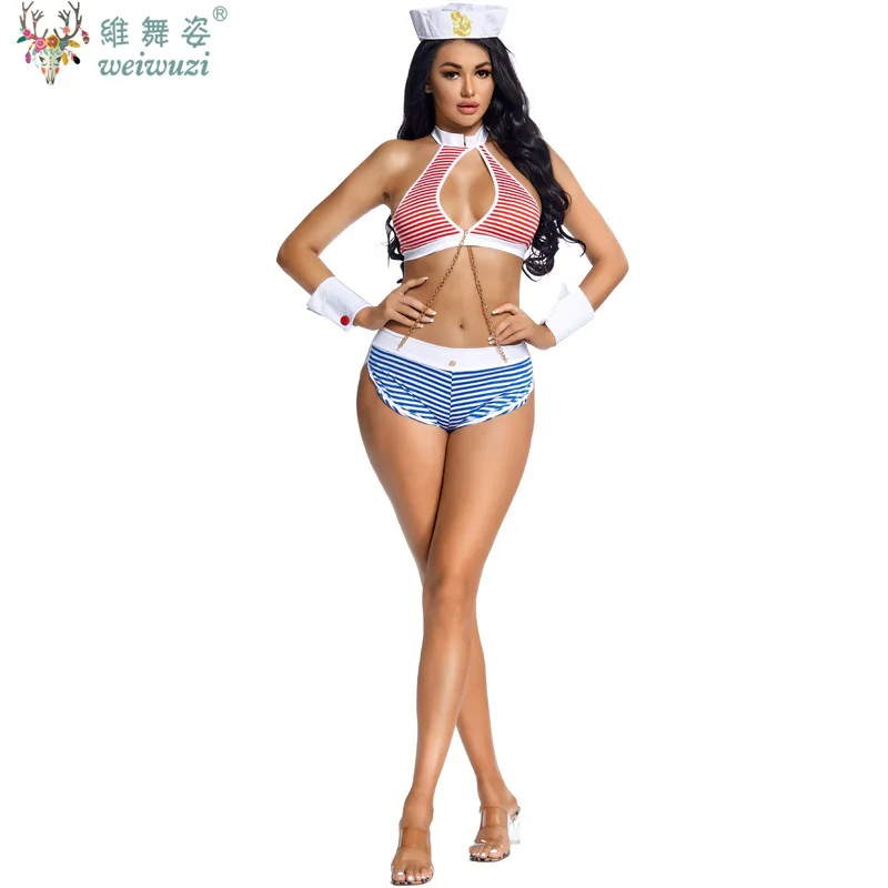 

Adult Sexy Beach Party Cosplay Red Blue Navy Seaman Striped Uniform Bikini One-Piece Bra Bonded Set Unsuitable Public Scenes