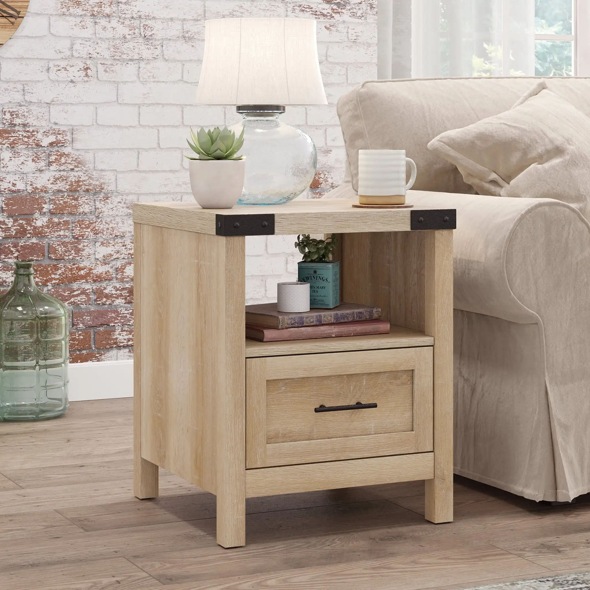 

Saddler Way Modern Storage Farmhouse Wood End Table, Orchard Oak/Ivory Oak/Rustic Weathered Oak/Knotty Oak/Black Finish