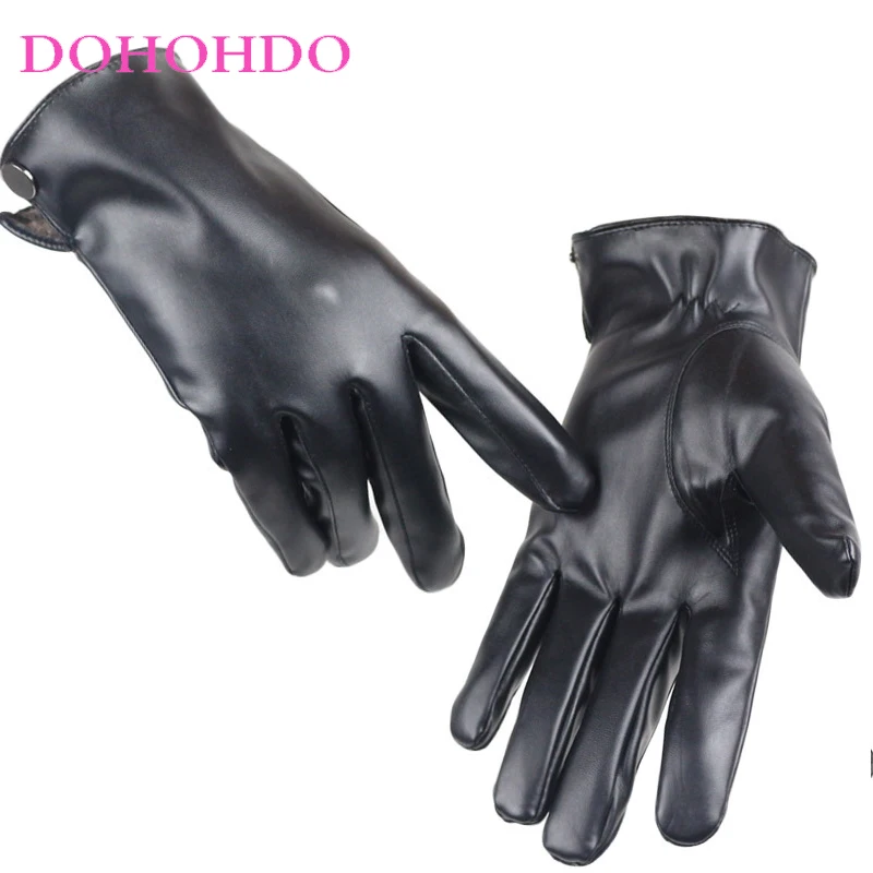 

Touch-screen Leather Gloves Men Velvet Autumn Winter Version Of Driving Imitation Leather Side Buckle Black Gloves Guantes Moto