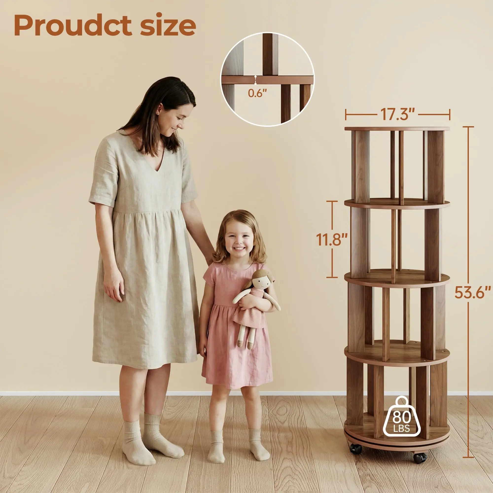 4-Tier Wood Rotating Bookshelf on Wheels, 360° Spinning Bookshelf Tower