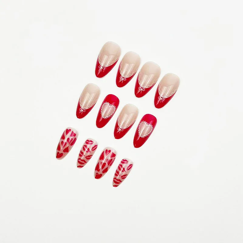 24 pièces amande faux ongles femmes saint valentin rose français presse sur ongles rouge amour coeur imprimé Stick-on faux ongles patchs