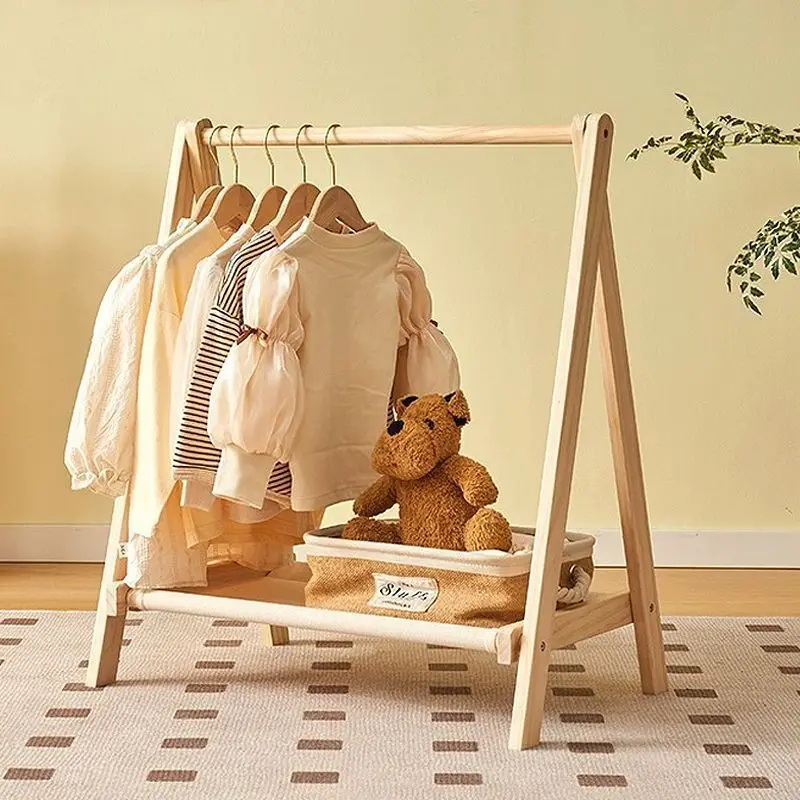 Kids Solid Wood Folding Clothes Rack Simplistic Design Coat Hanging Solution with Landing Rod Bedside Stylish Clothing Organizer