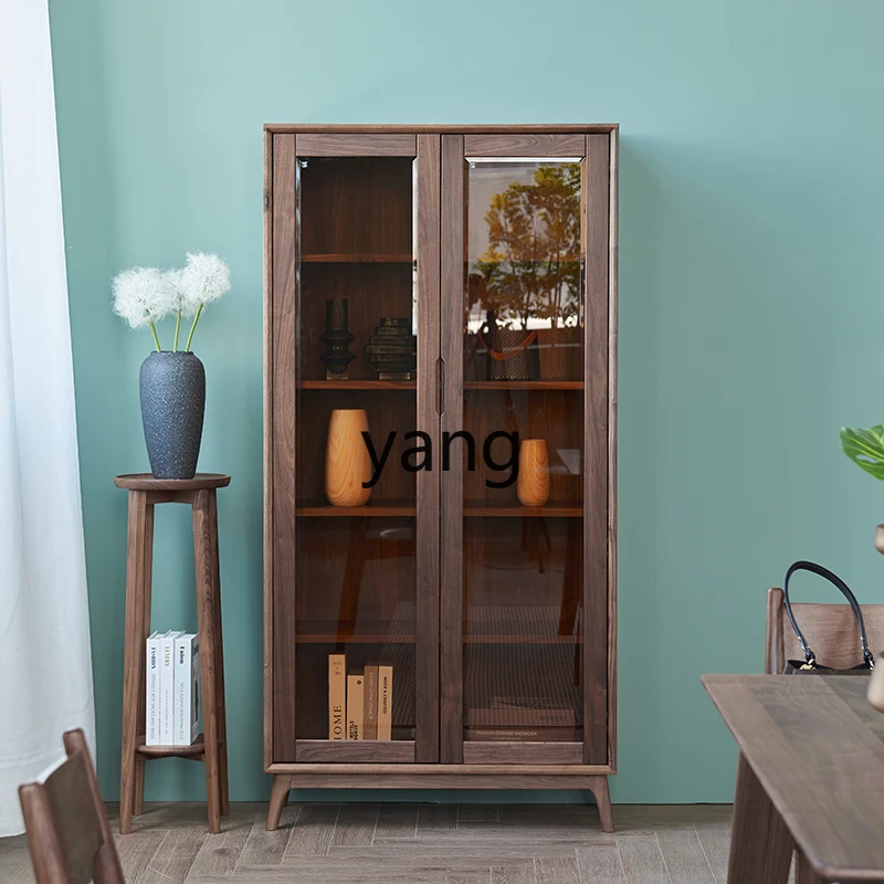 L'm'm Solid Wood Bookcase with Door Floor Bookcase Sitting Room Cabinet against the Wall Black Walnut Wooden Liquor Cabinet