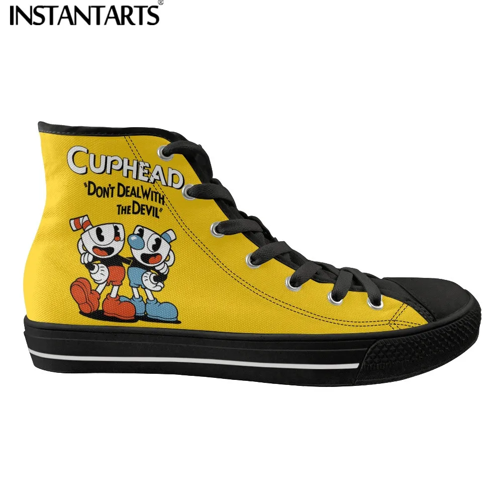 Game Cuphead Mugman Cartoon Pattern Casual Lace Up Sneakers For Men Boys High Top Canvas Footwear Vulcanized Shoes