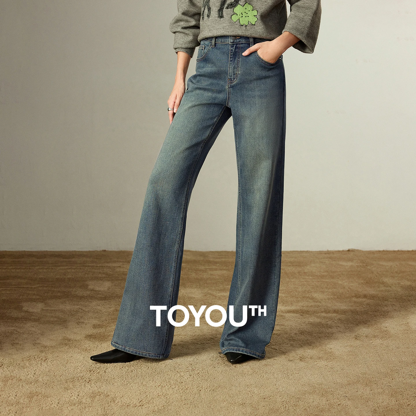 TOYOUTH Women Jeans 2025 Winter New Mid-low Waist Wide-leg Stretch Fleece-lined Warm Slimming Long Pants