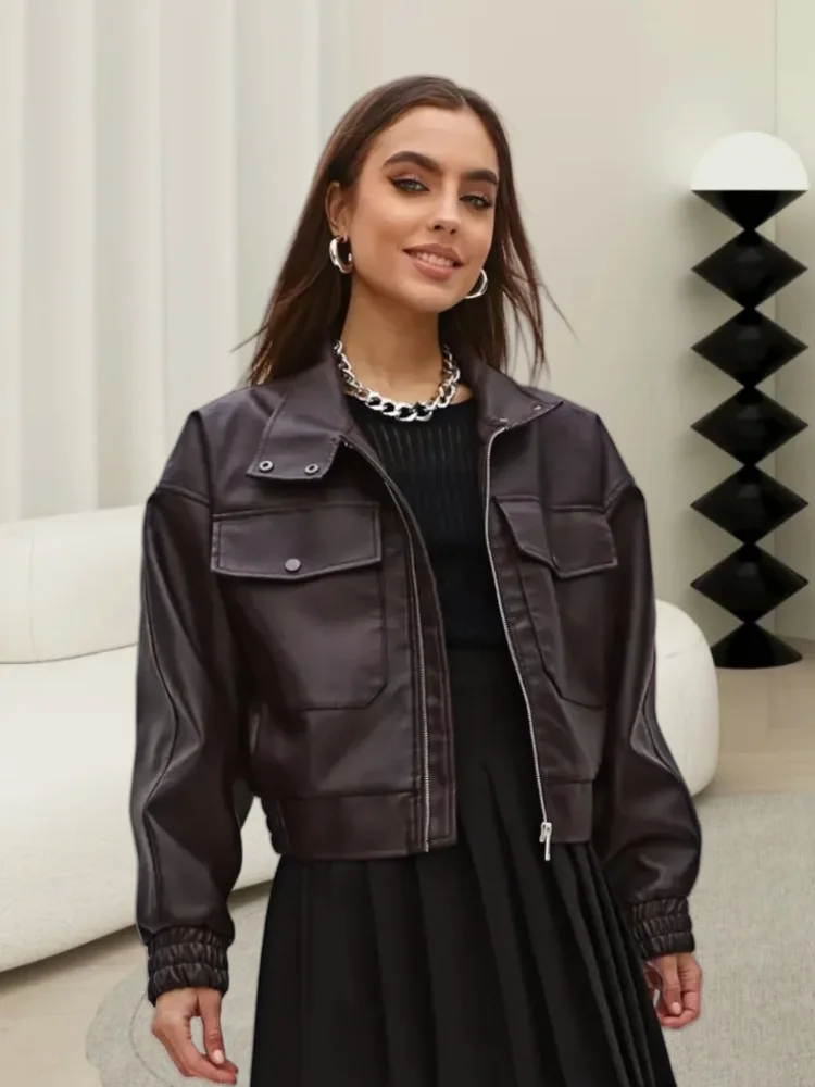 Veste courte rétro en cuir PU pour femme, manteau d'automne à col rabattu et poches, nouvelle veste décontractée en cuir, vêtements d'extérieur courts