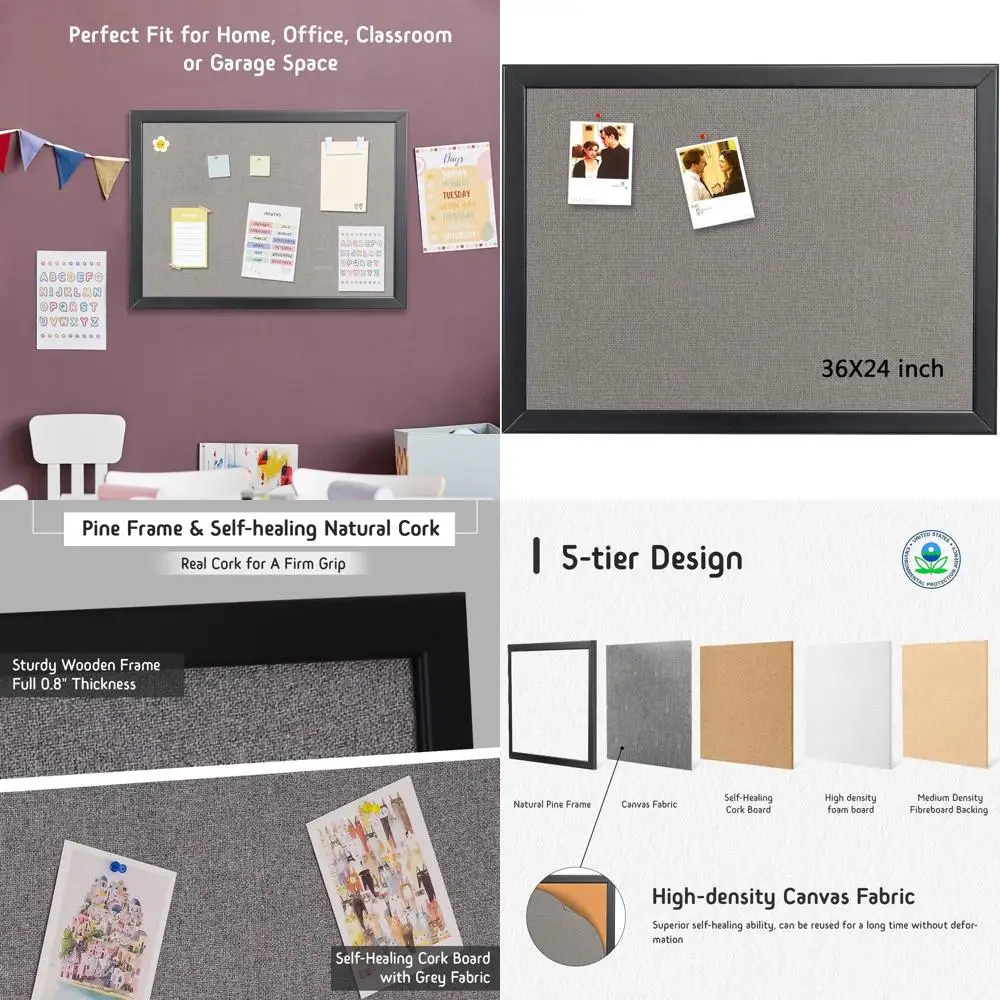 Corkboard emoldurado de madeira de 24x36 polegadas com tecido cinza, placa de mensagens montada na parede para uso doméstico ou no escritório