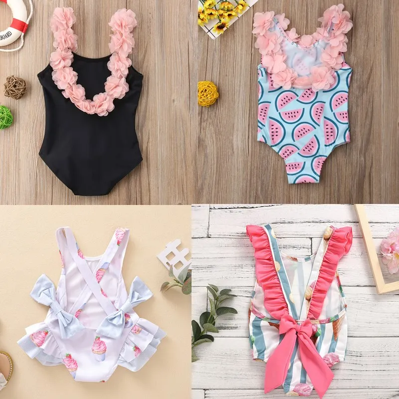 Baby Girls Summer Swimsuit Children One-piece Ice Cream Watermelon Print Swimwear Swimming Backless Floral Bikini 6M-5T