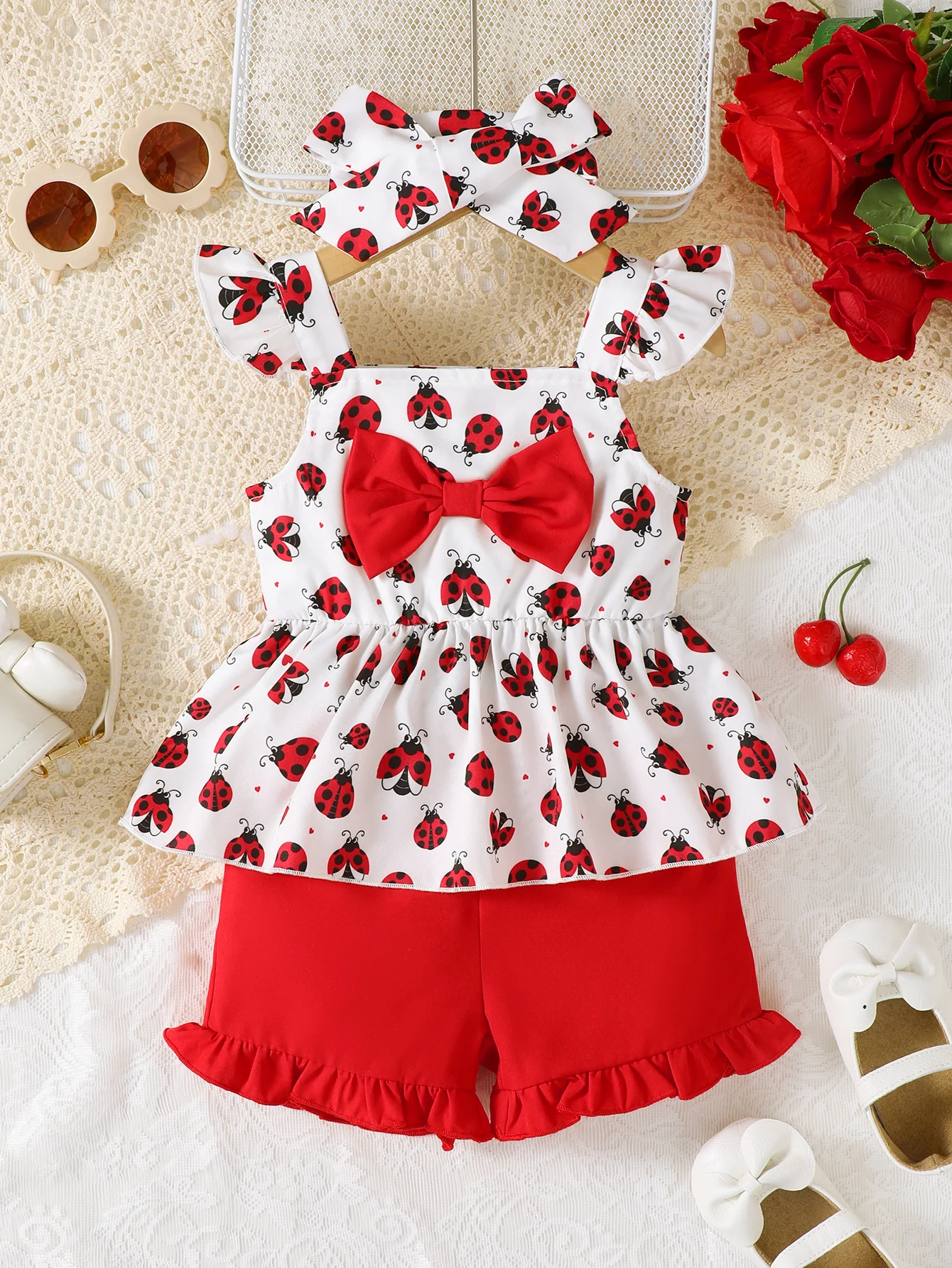 Fashion Baby Girl 3Pcs Summer Outfit Set Ladybug Print Ruffle Strap Top + Shorts + Bow Headband Casual Newborn Clothes for 0-3Y