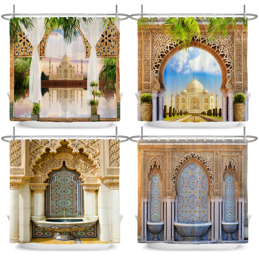 

Moroccan Yellow Antique Arched Doors Shower Curtains Old Vintage Wooden Door Bathroom Waterproof Fabric Bath Curtains With Hooks