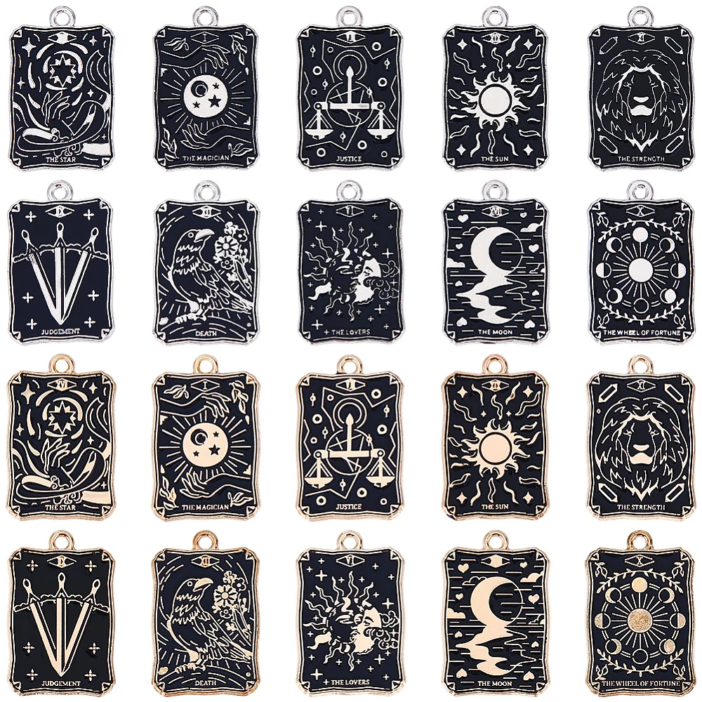 1Box 20Pcs Tarot Card Charm Divination Charms Bulk Gold Silver Metal Alloy Black Enamel Vintage Lucky Fortune Astrology Pendants