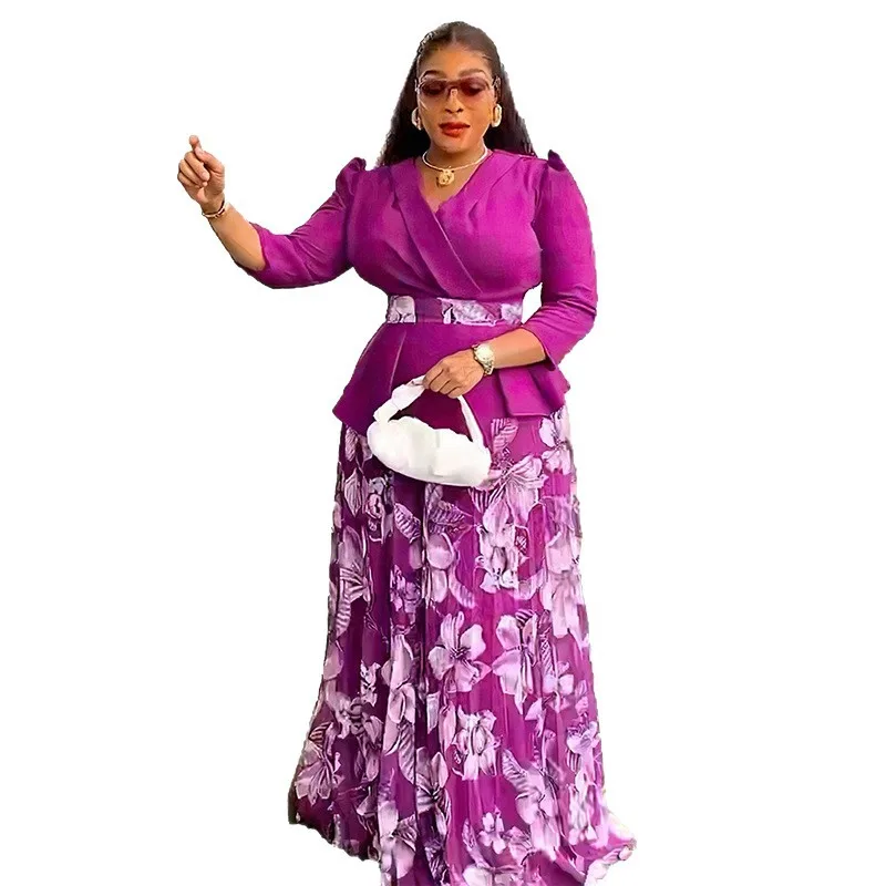 

2 Piece African Clothes for Women Summer Fashion African Half Sleeve V-neck Polyester Printing Top Long Skirt Matching Sets 2025