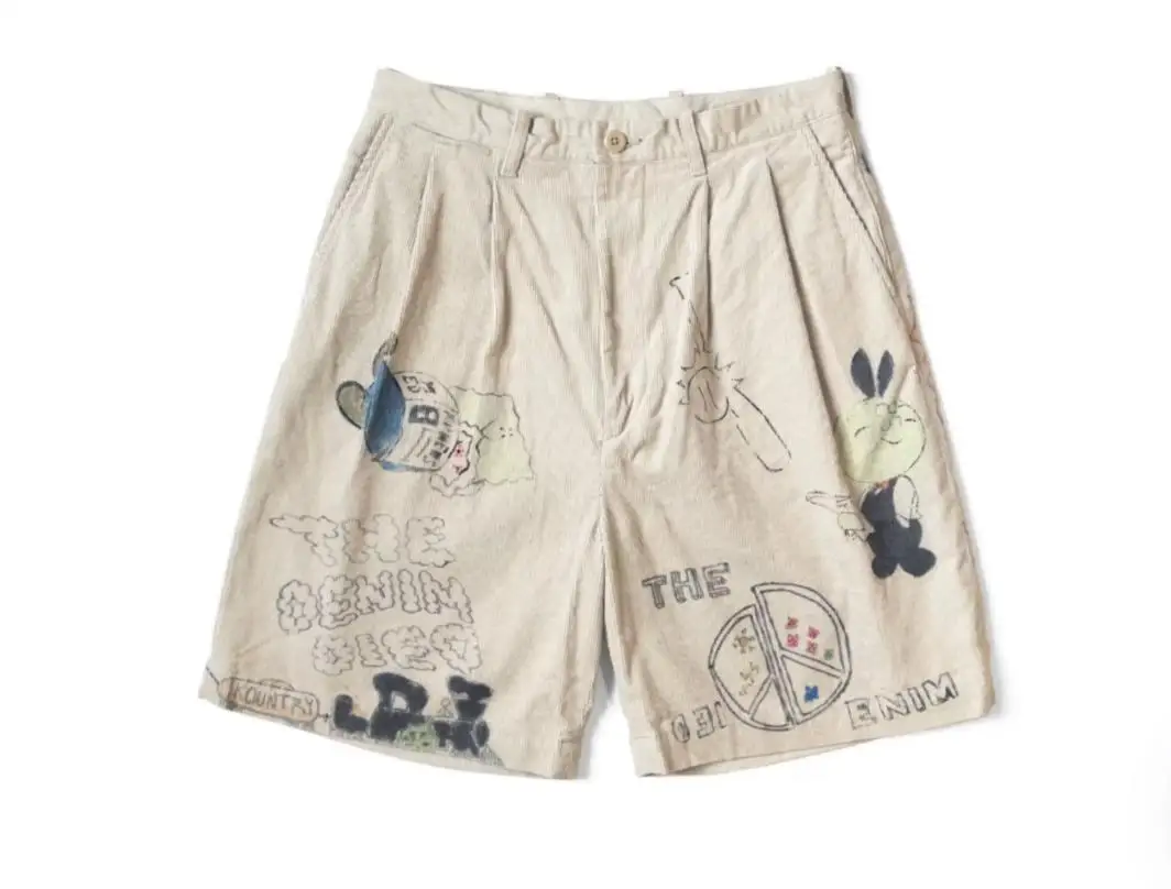 2026 KAPITAL  Casual cartoon print washed distressed corduroy shorts TX1706