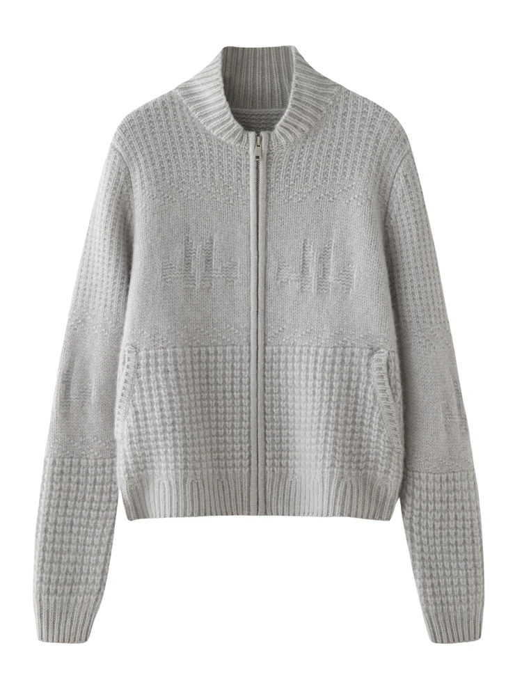 

TLOML Autumn Winter Women's 100% Cashmere Sweater Mock Neck Thick Zipper Cardigan Coat Luxury Casual Style Cashmere Knitwear Top