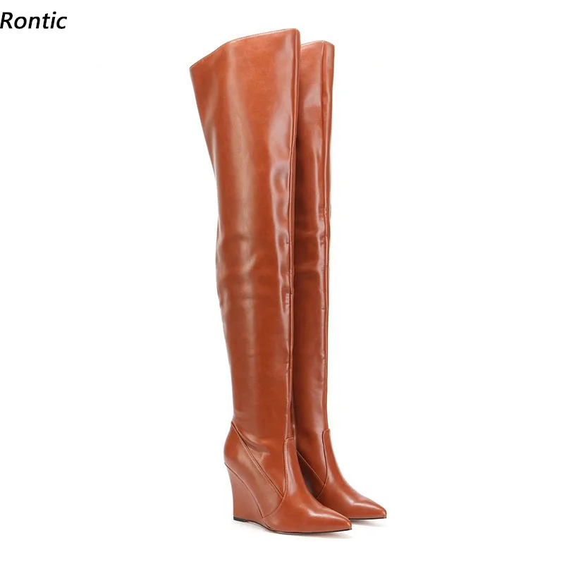 

Rontic Handmade Women Winter Thigh Boots Side Zipper Wedges High Heels Pointed Toe Fabulous Brown Night Club Shoes US Size 5-15