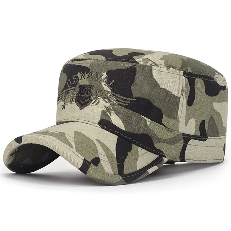 Men Military Hats Corps Cap Hat Outdoor Summer CS Sunscreen Camouflage Flat Top Cotton Letter Embroidered Camo Hat Adjustable