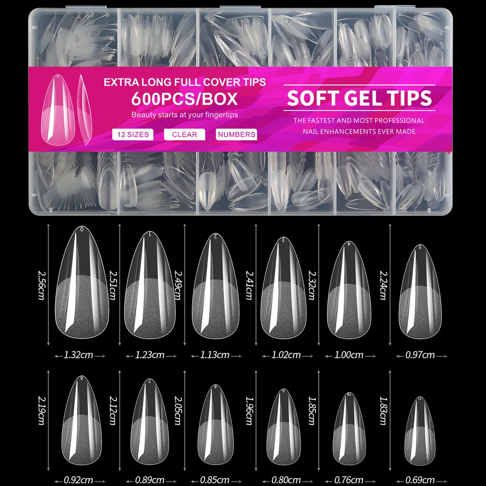 100/320/600 pzas puntas de uñas cortas almendra, puntas de gel suave, puntas de cobertura completa para uñas acrílicas, para salón o casa, press on nails 3