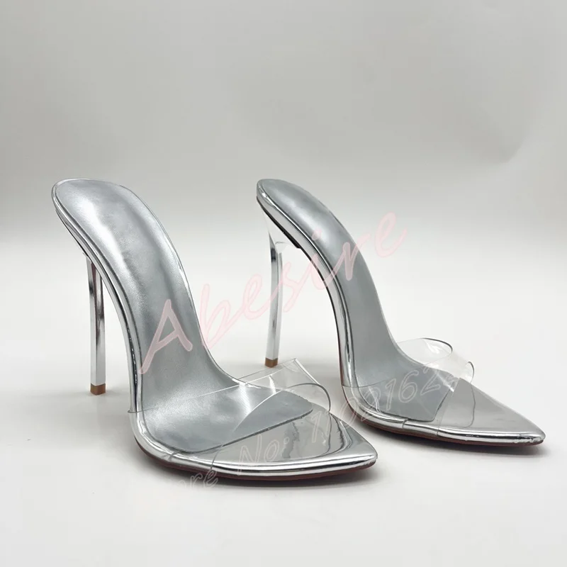 

Women'S Silver Clear Pvc Slippers Summer Pointed Stilettos Shallow Mouth High Heels Sexy Outdoor Party Elegant Sandals Ladies 43