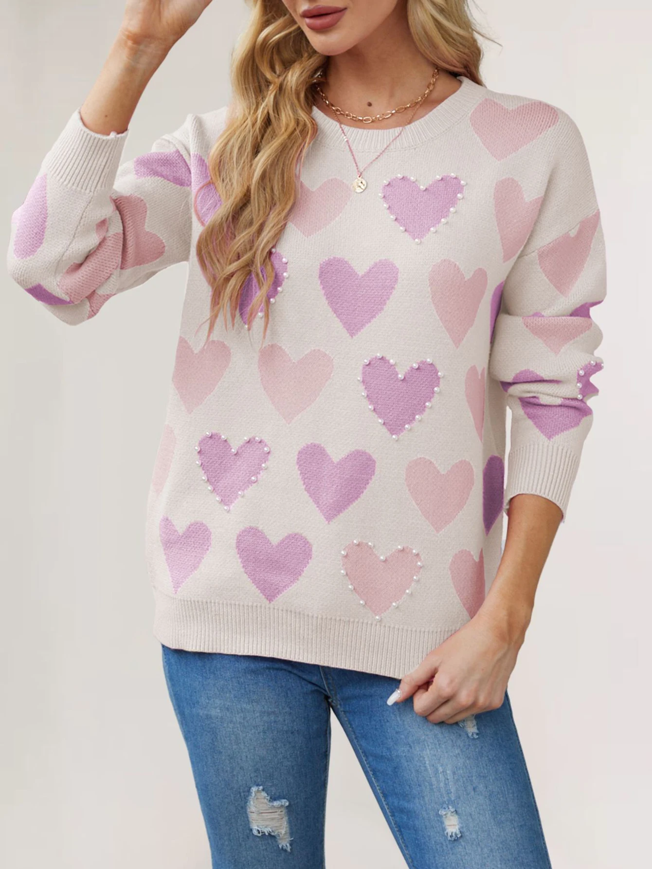 

Женский осенний свитер, удобный повседневный трикотаж с длинным рукавом и круглым вырезом в форме сердца, обычный крой