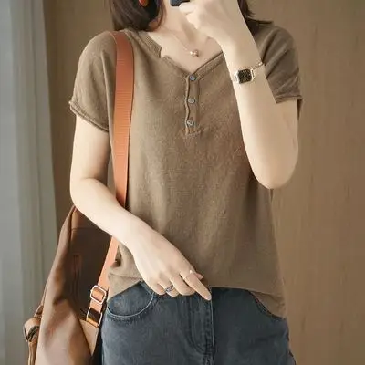 

New Pure Cotton ort Sve Women's Knitted V-Ne Cotton Linen T-irt plus Size Korean Sle Base Summer f Sve Top