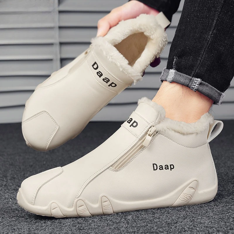 Warm Anti Slip 2025 Winter Men's High Top Leather Upper Cotton Safety Shoes Plush Lined Thickened Youth Casual Shoes